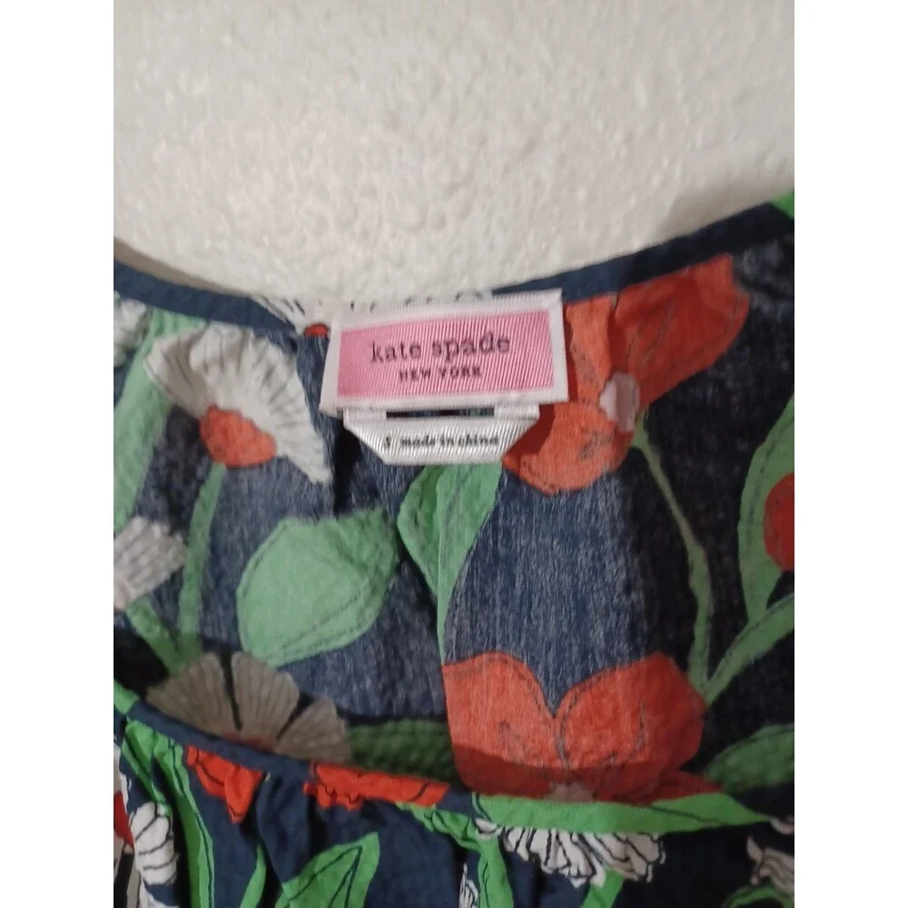 Kate Spade Size Small Daisy Vines Puff Sleeve Blouse Blue Floral Scoop Neck EUC